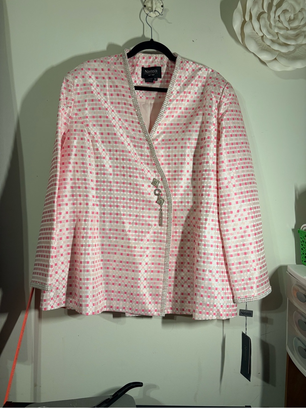 Nina Leonard Pink and White Textured Wrap Jacket with Embellished Trim